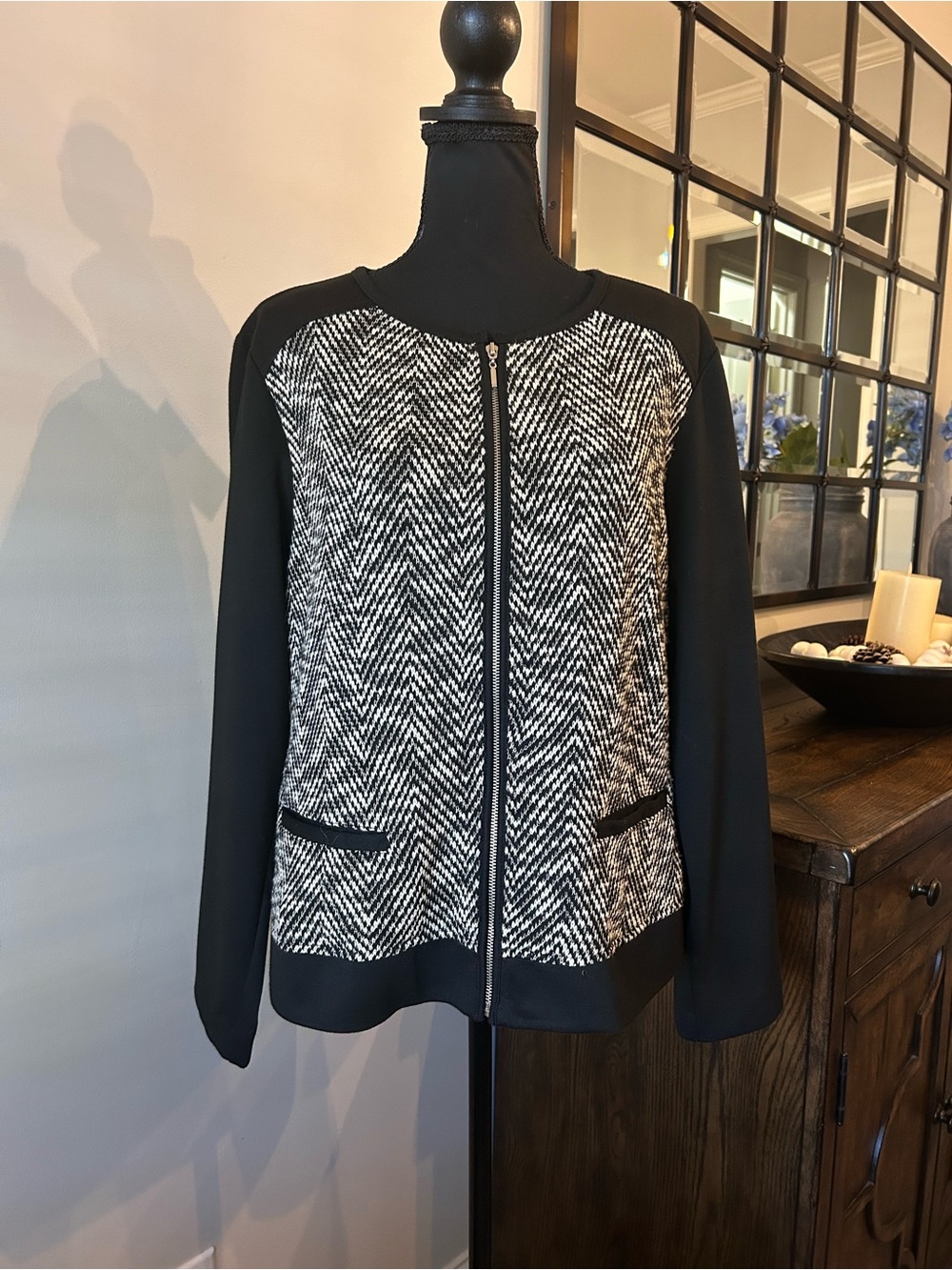 NWT Chico's black and white chevron herringbone mixed-media zip-up jacket